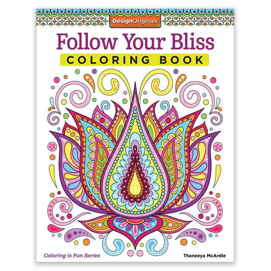 Coloring book cover with a colorful paisley design and 'Follow Your Bliss' text on a white background.