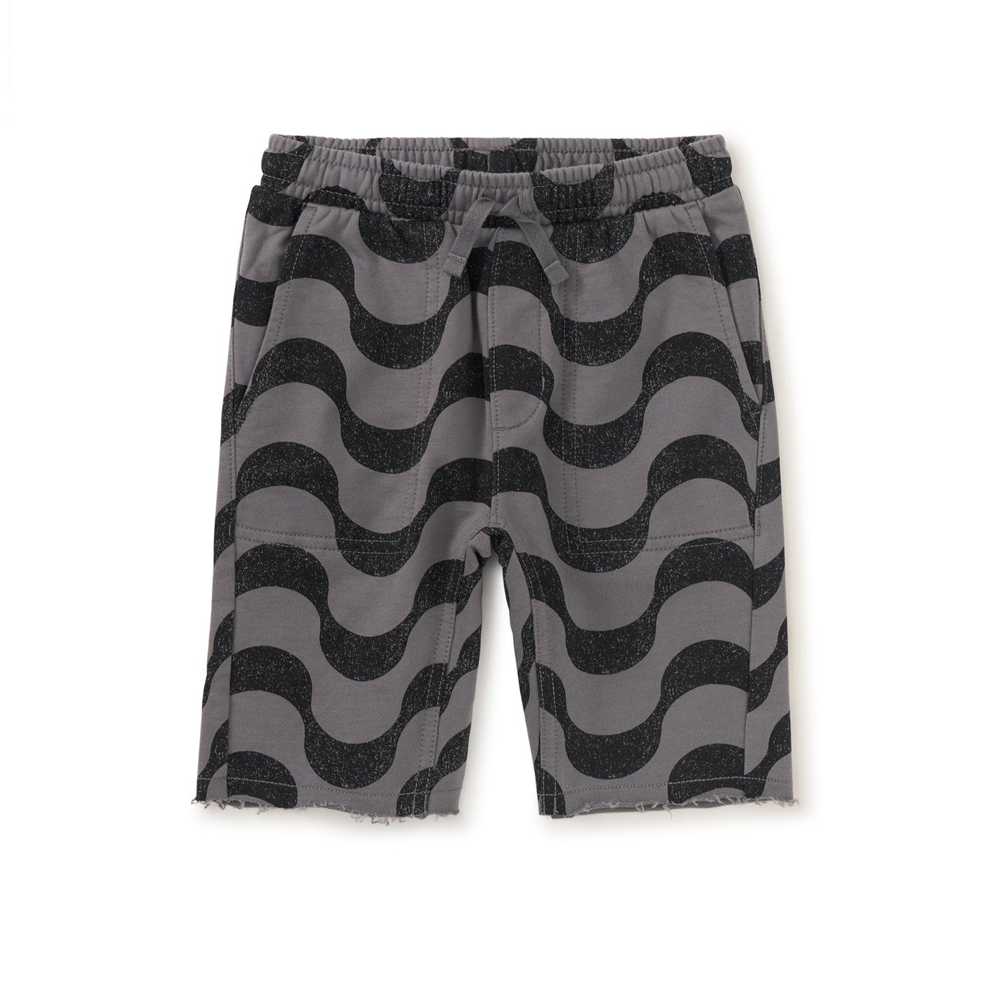 Knee-length boys' shorts with a geometric wave pattern in black and gray, featuring an elastic waistband with a functional drawcord, and patch pockets.