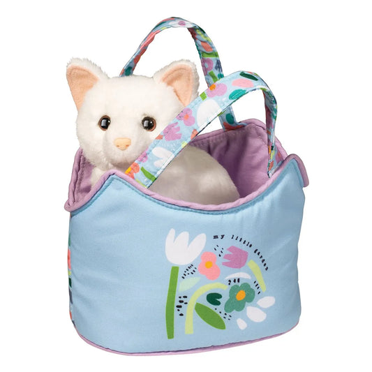 Floral tote with charming white plush cat