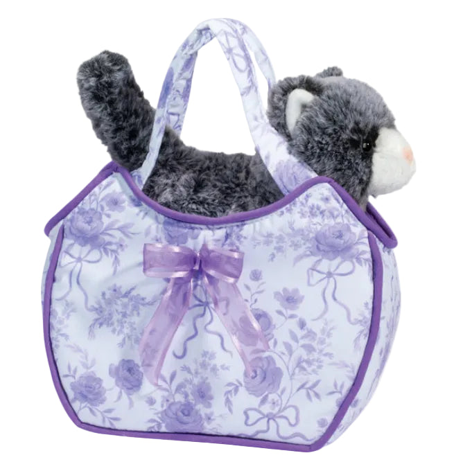 A plush toy bag with a floral pattern and a cat inside. The bag is primarily purple with a light purple border and a black cat with a grey bow detail.