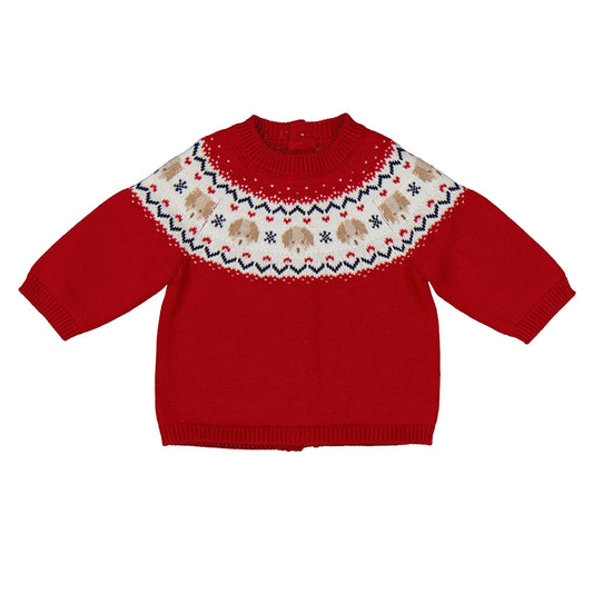 Red sweater with a patterned collar on a white background