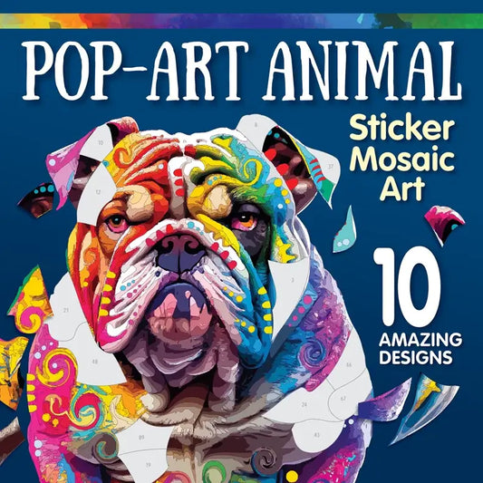 Pop-art animal sticker mosaic art book cover with a colorful bulldog design on a blue background.