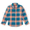 Plaid shirt with blue, orange, and white pattern on a white background