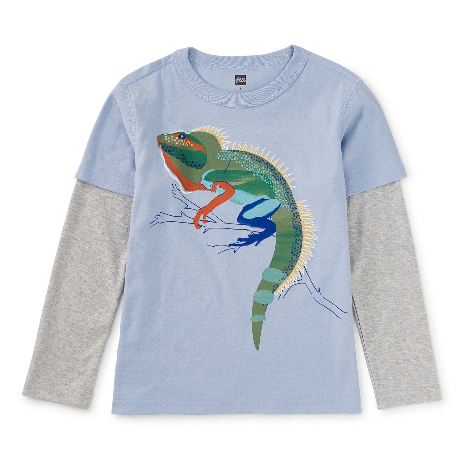 Long-sleeve shirt with a colorful chameleon design on a light blue background