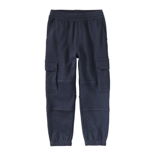 Navy blue cargo pants on a white background
