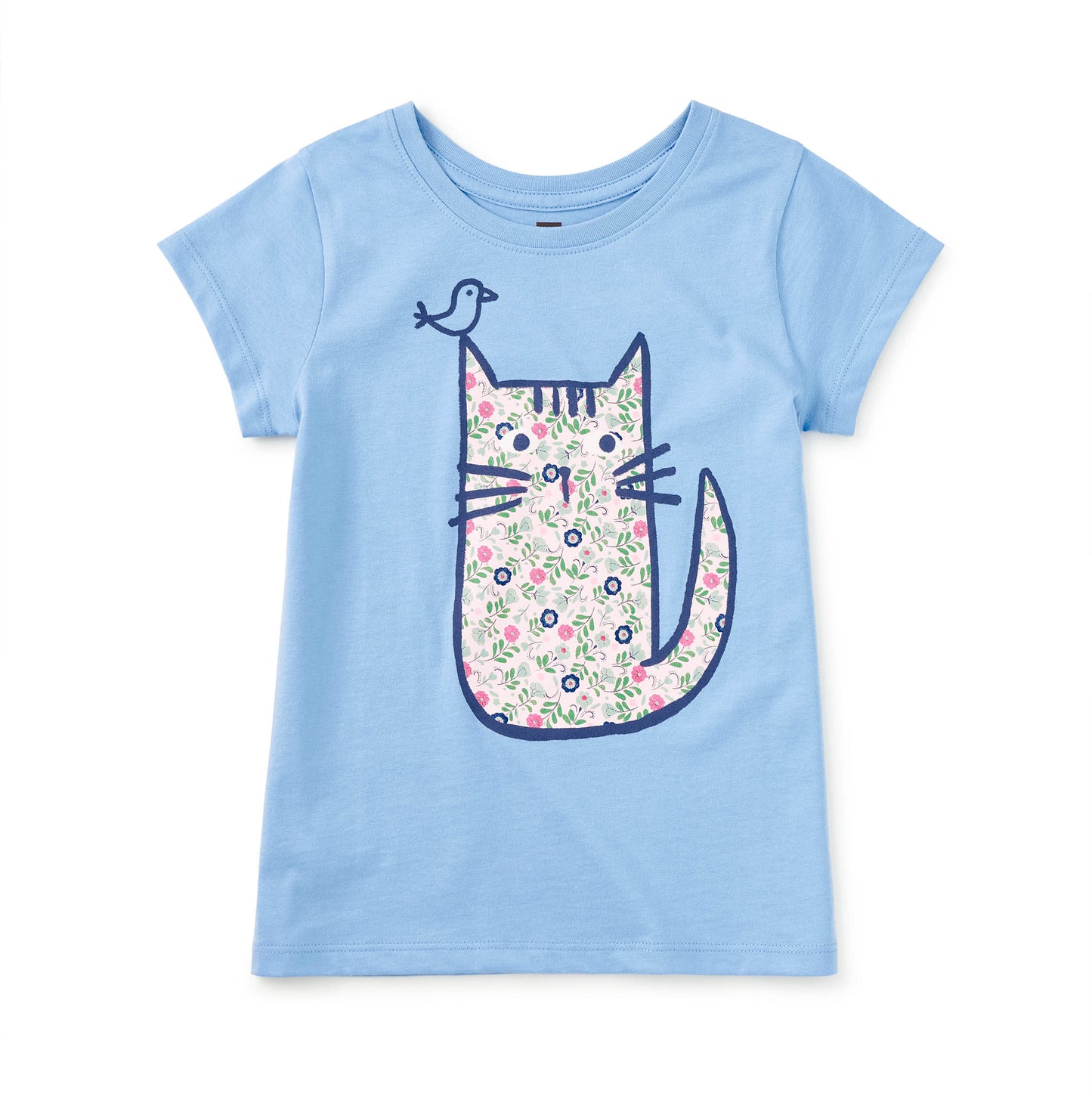 Blue t-shirt with a floral cat design on a white background