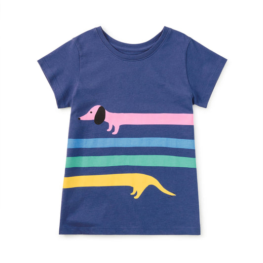 Blue t-shirt with colorful dachshund design on a white background