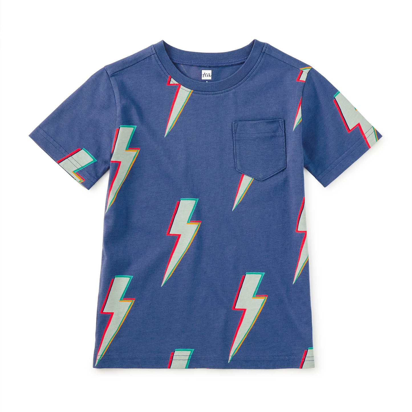 Blue t-shirt with colorful lightning bolt patterns on a white background