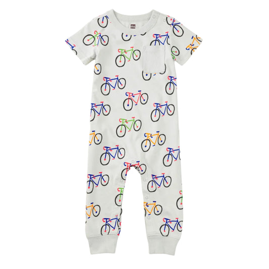 Baby onesie with bicycle pattern on a white background