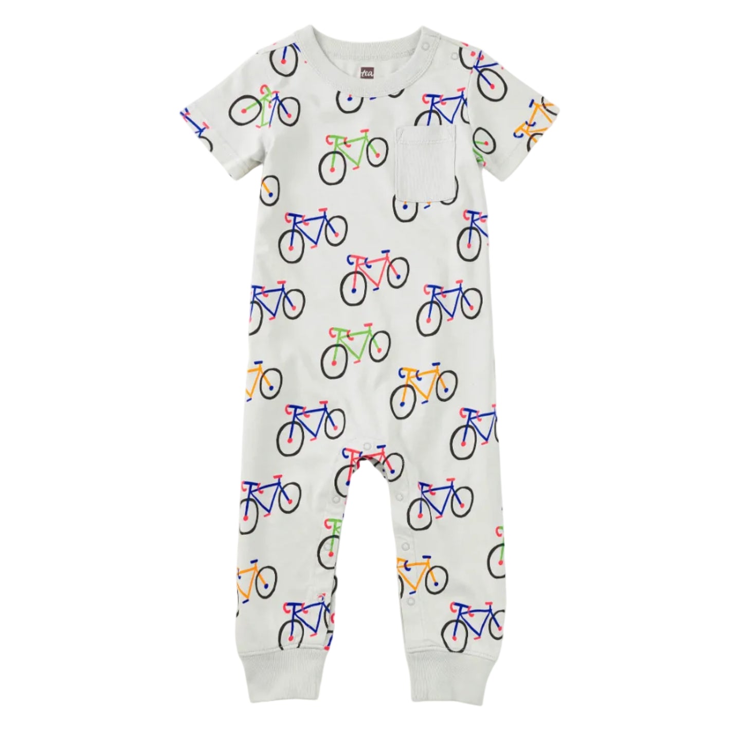 Baby onesie with bicycle pattern on a white background