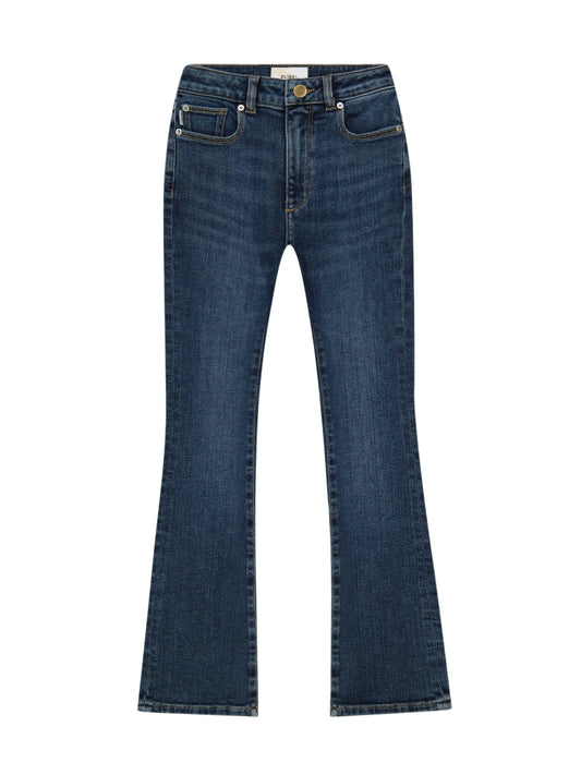 A pair of high-rise bootcut jeans with 5-pocket detailing, featuring a dark indigo wash with subtle fading and whiskering, gold shank, silver rivet, multi-colored stitching, clean hem, and ecru back patch.