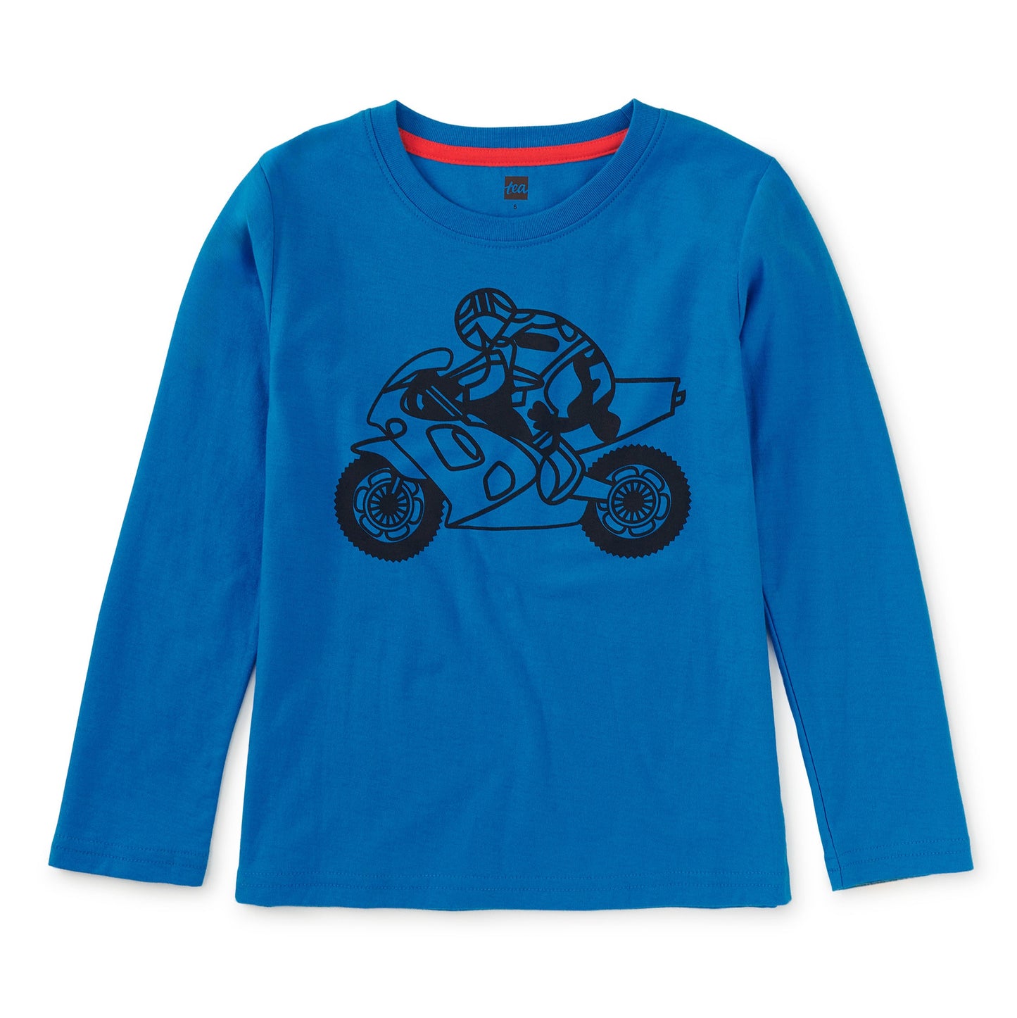 Blue long-sleeve shirt with a motorcycle graphic on a white background