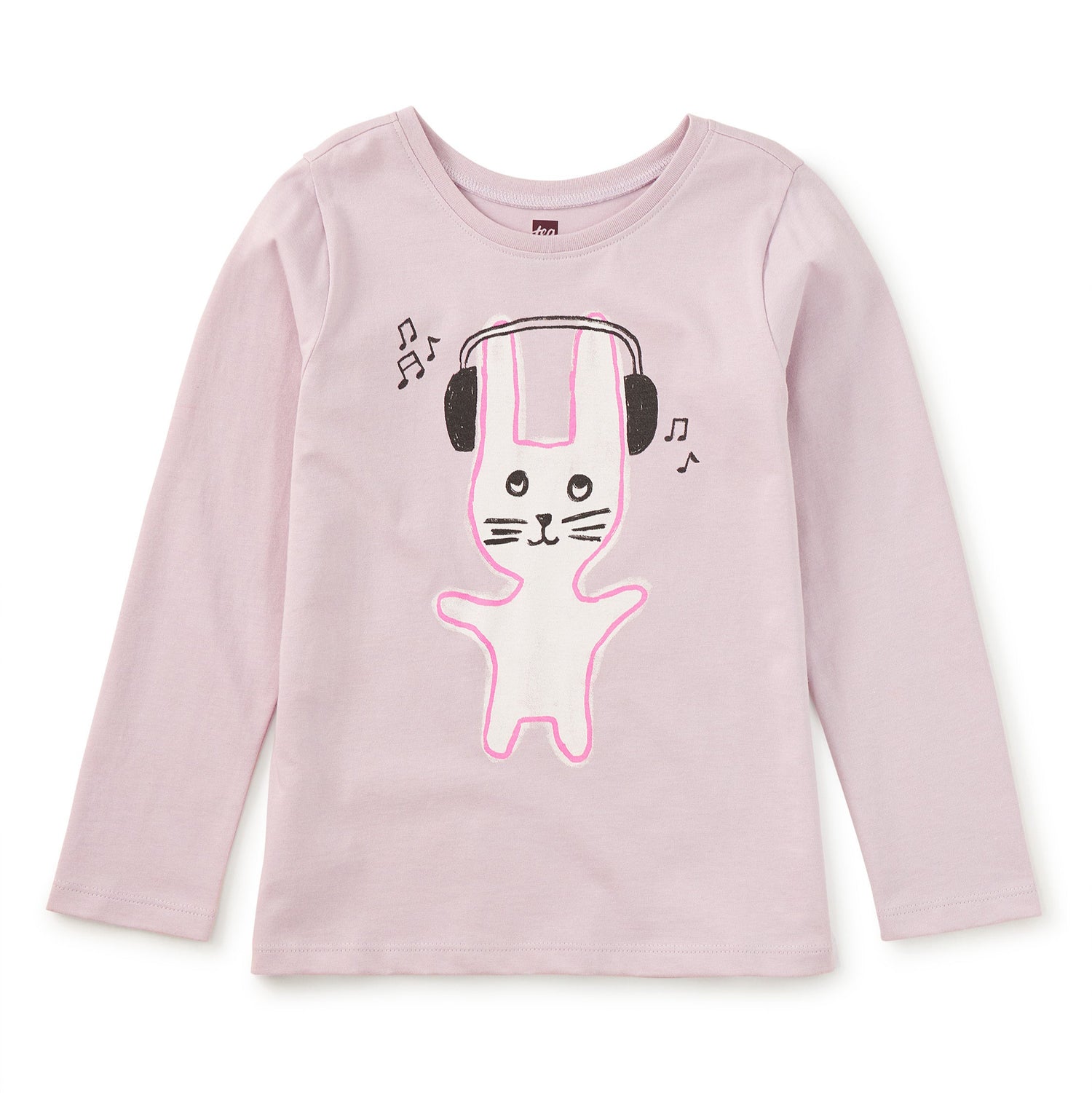 Pink long-sleeve shirt with a cat graphic and headphones on a white background