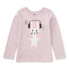 Pink long-sleeve shirt with a cat graphic and headphones on a white background