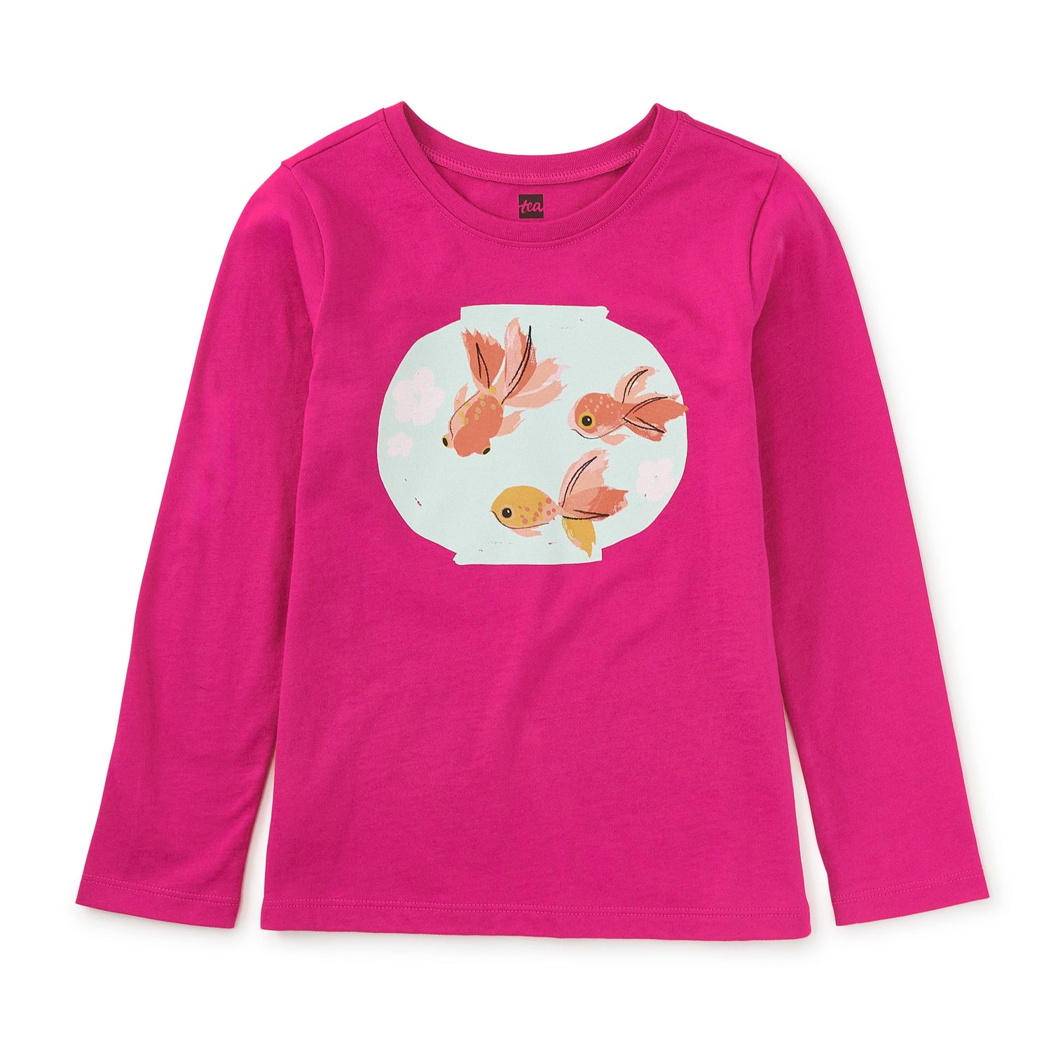 Pink long-sleeve shirt with goldfish design on a white background