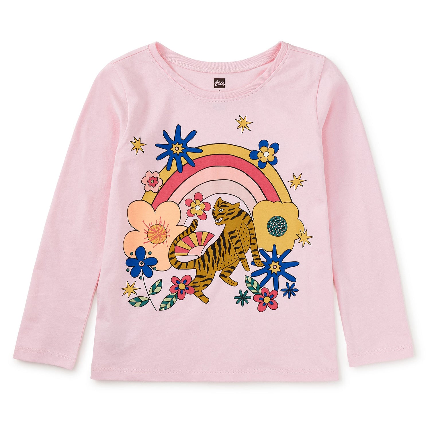 Pink long-sleeve shirt with a tiger and rainbow design on a white background