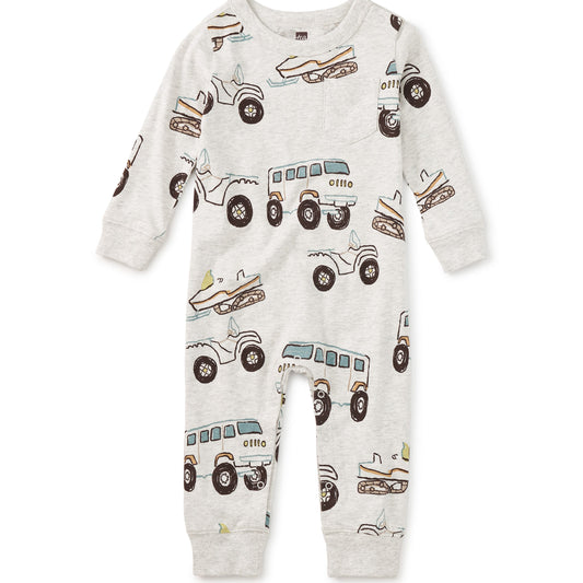 Baby onesie with vehicle pattern on a white background
