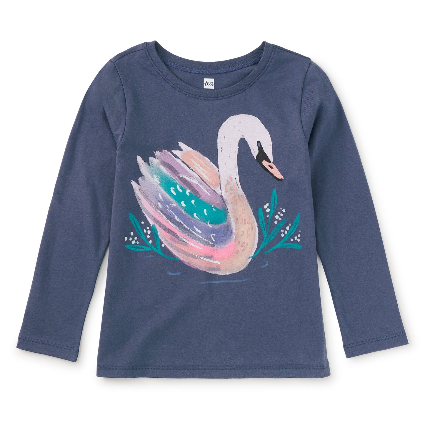 Navy blue long-sleeve shirt with a colorful swan design on a white background