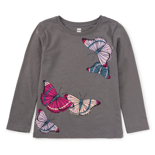 Gray long-sleeve shirt with colorful butterfly designs on a white background