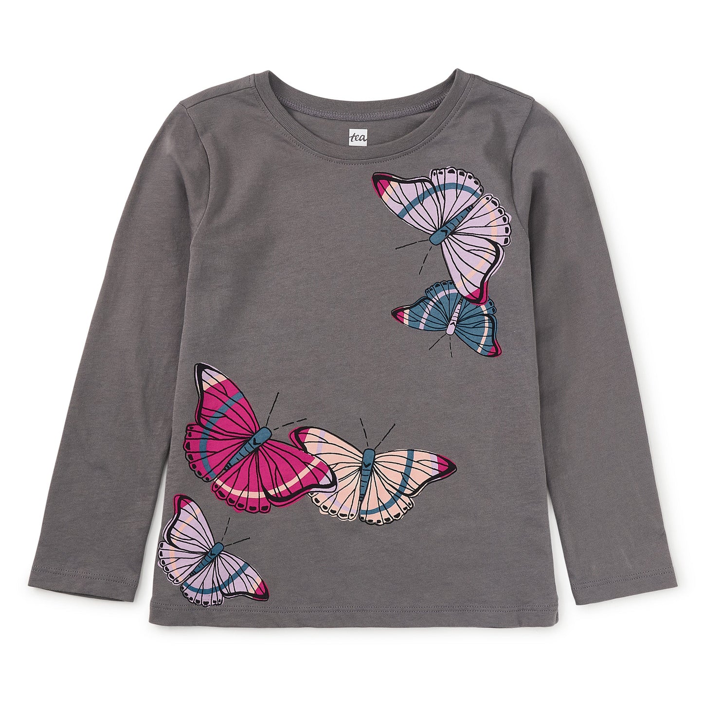 Gray long-sleeve shirt with colorful butterfly designs on a white background