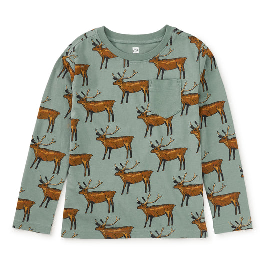 Long-sleeve shirt with deer pattern on a light green background
