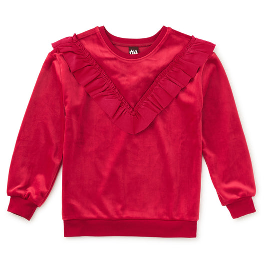 Red sweatshirt with ruffled details on a white background