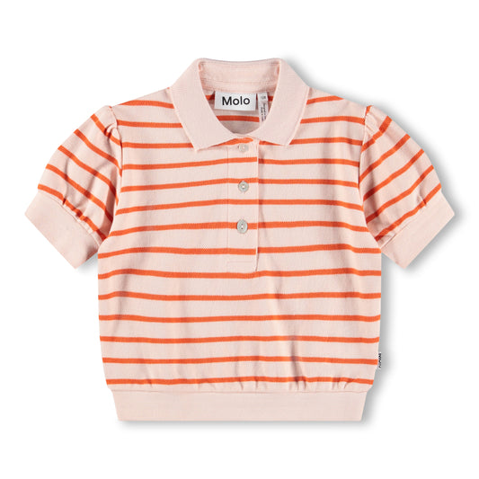 Children's striped polo shirt with pink collar on a white background
