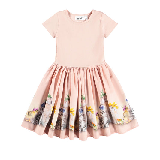 Pink dress with floral skirt on a white background