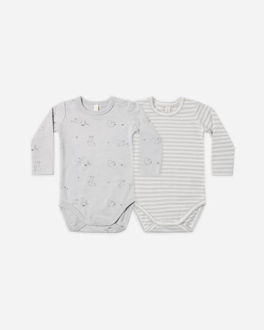 2 Pack Bodysuit Squirrel and Cloud Stripe flat lay - Quincy Mae organic cotton bodysuits