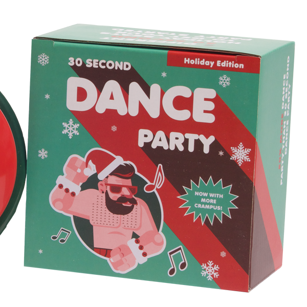 Red container labeled '30 Second Dance Party' next to its packaging on a white background