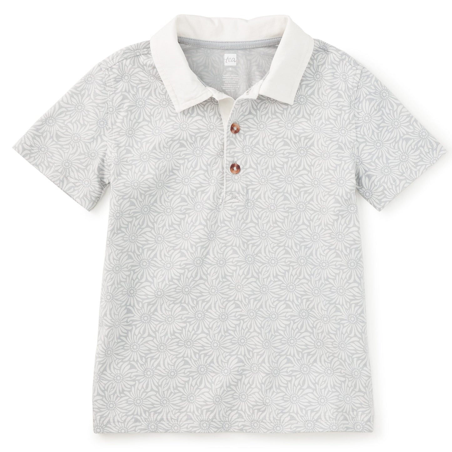 Grey floral pattern polo on white background