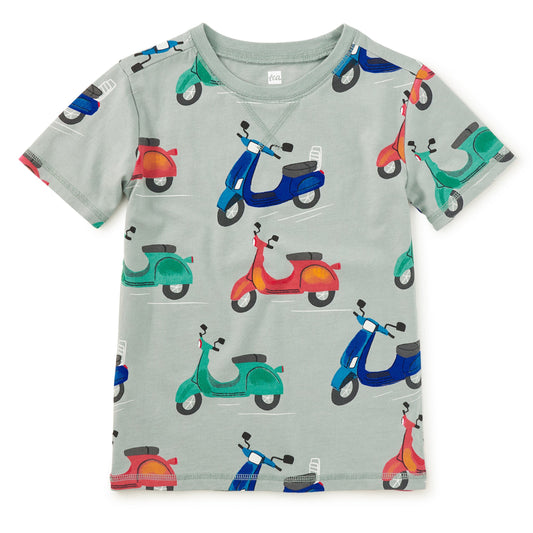 grey top with multicolor scooters