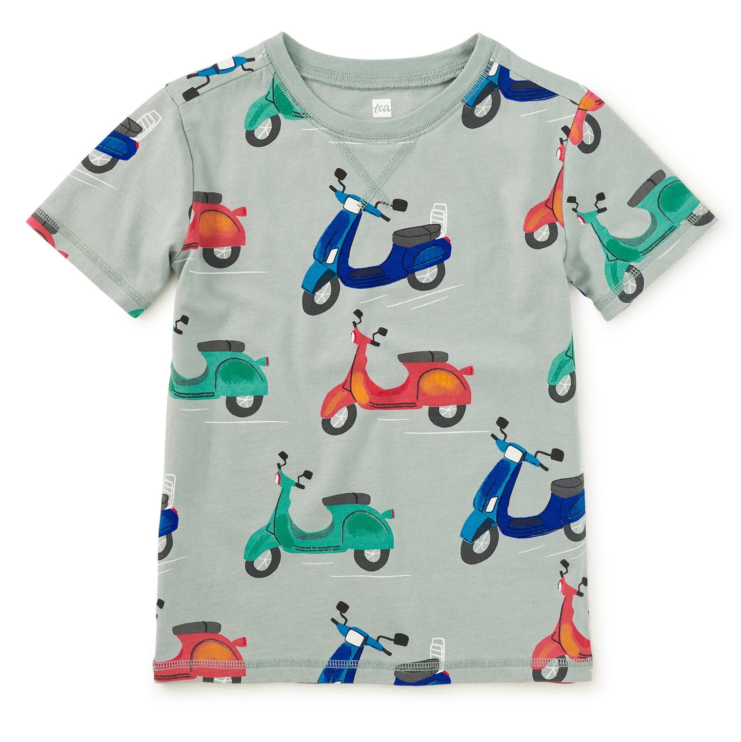 grey top with multicolor scooters