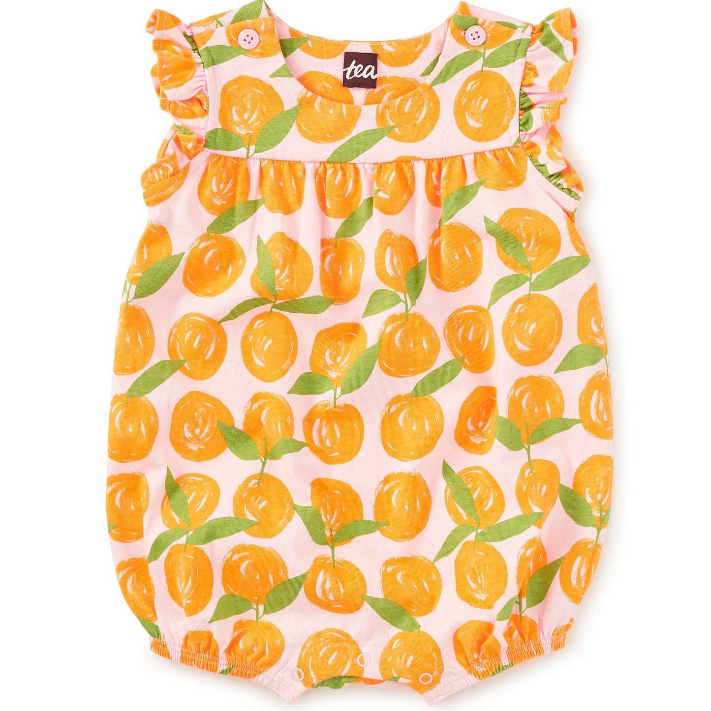 Baby romper with orange and green leaf pattern on a white background
