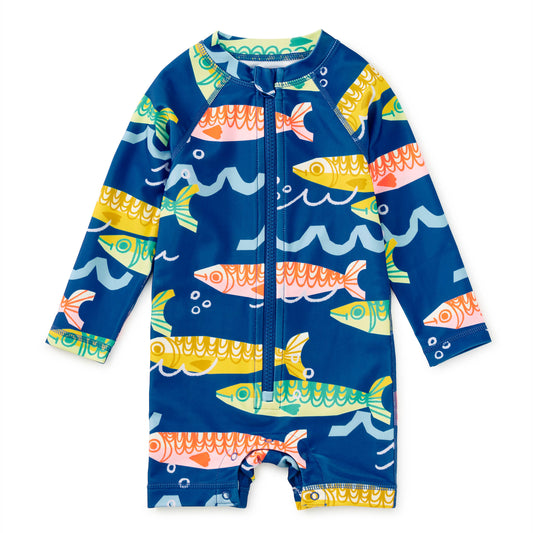 Children's swimsuit with fish pattern on a blue background