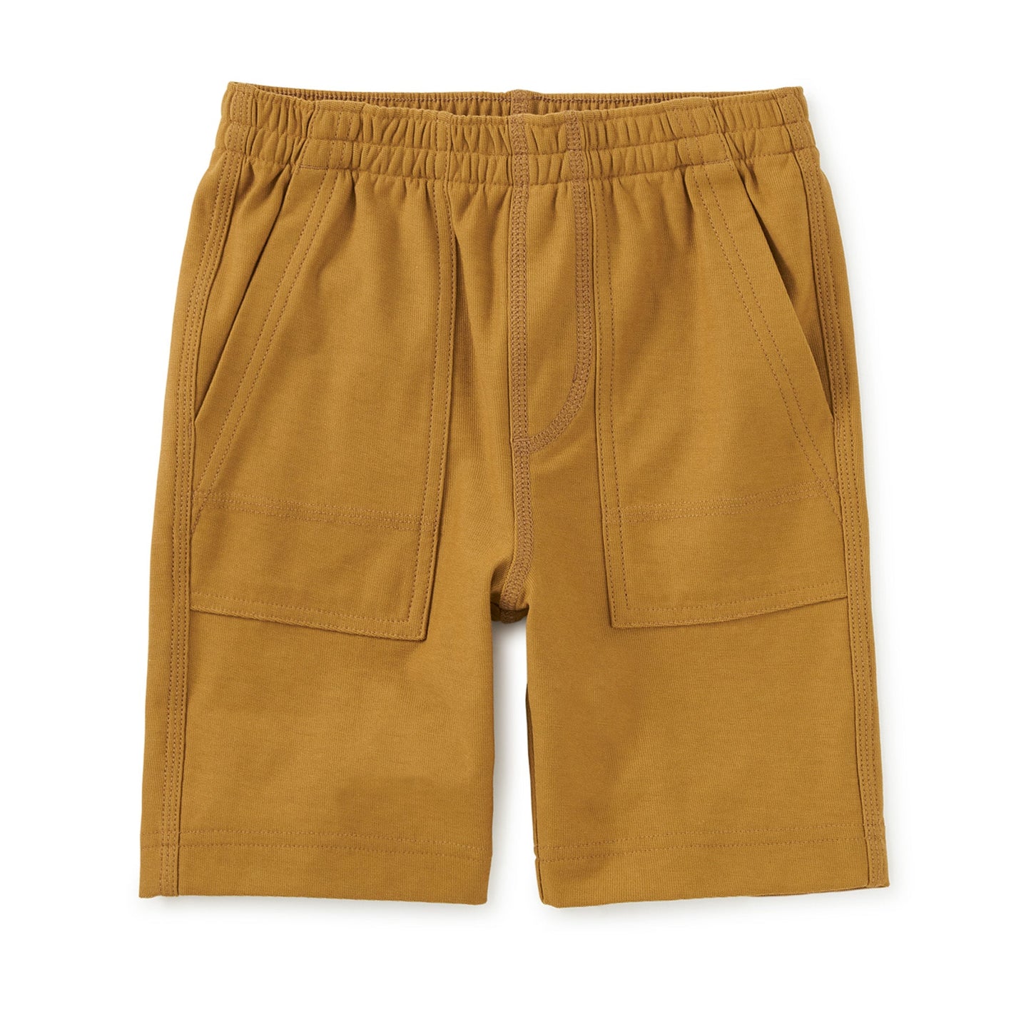 Mustard yellow shorts with an elastic waistband on a white background