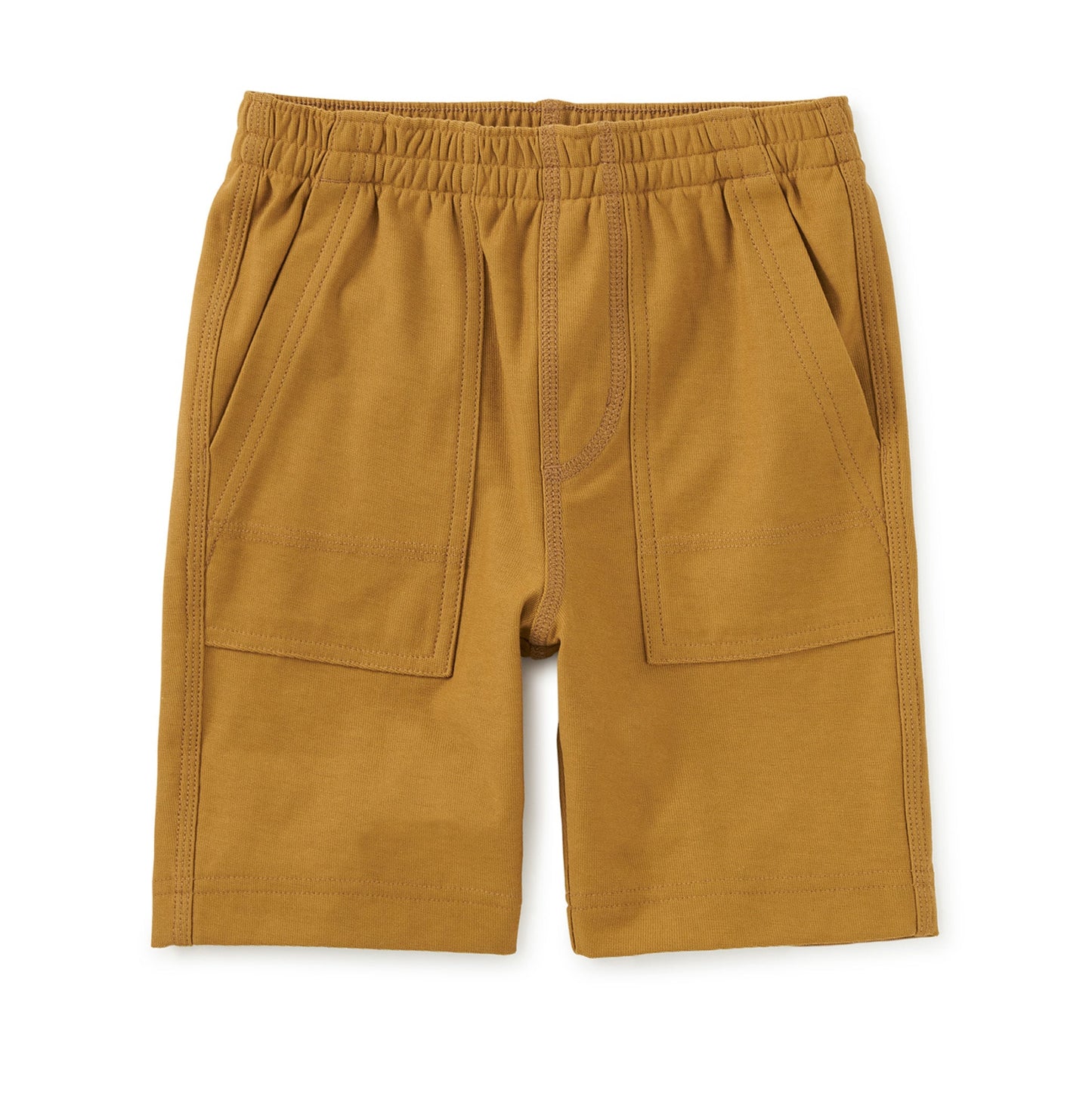 Mustard yellow shorts with an elastic waistband on a white background