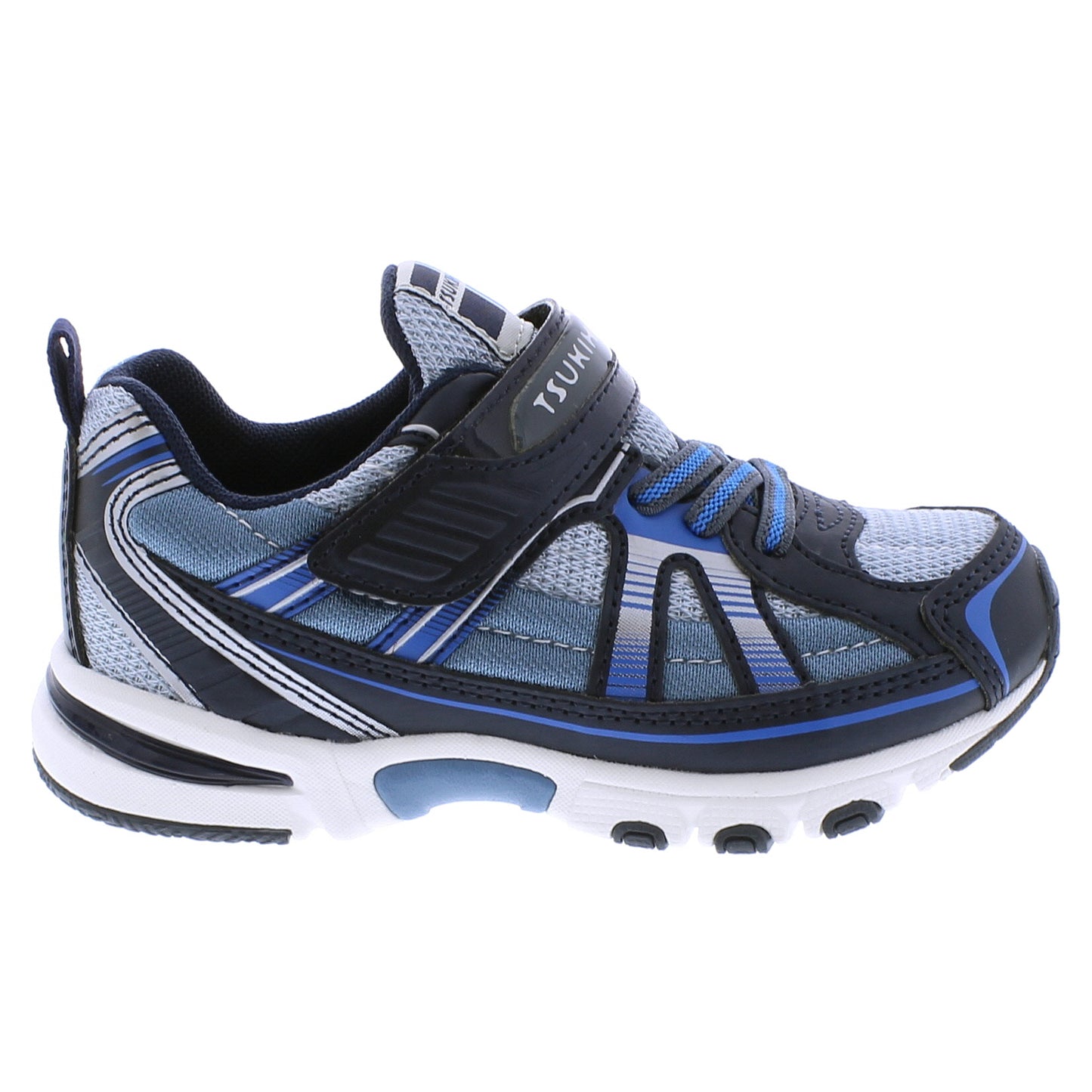 Blue and navy running shoe on a white background