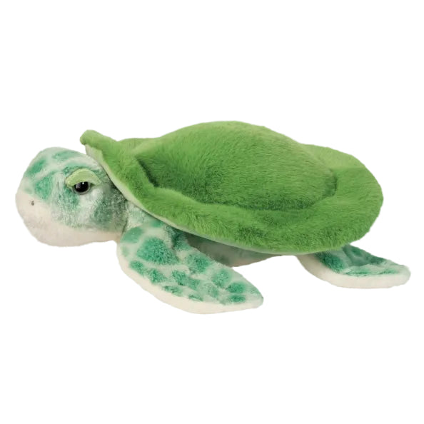 Green plush turtle toy on a white background