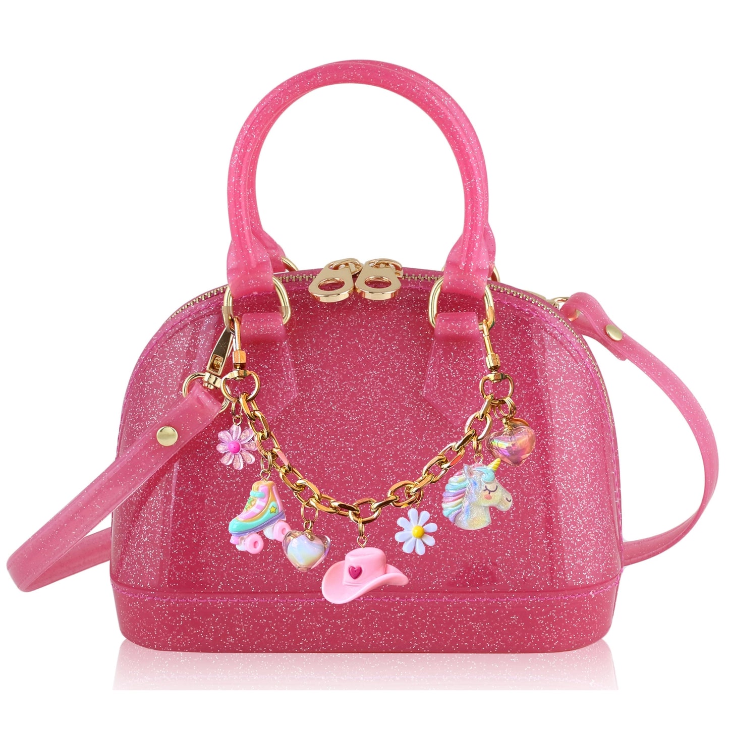 Pink glittery handbag with gold chain and charms on a white background
