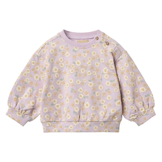 Purple children's sweatshirt with yellow floral pattern on a white background