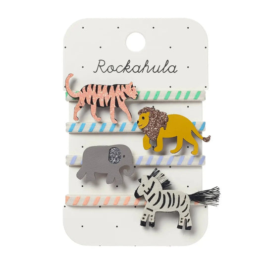 Set of animal-themed hair accessories on a Rockahula branded card.