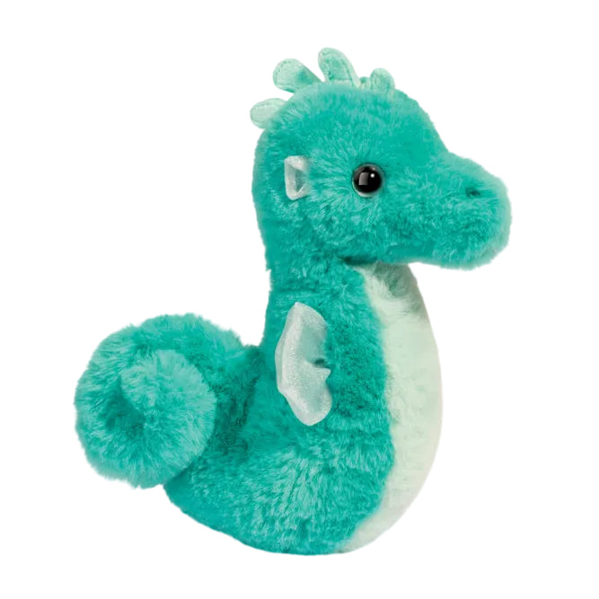 A plush toy seahorse with a green body and a white belly, featuring a soft texture and a small stuffed animal design.