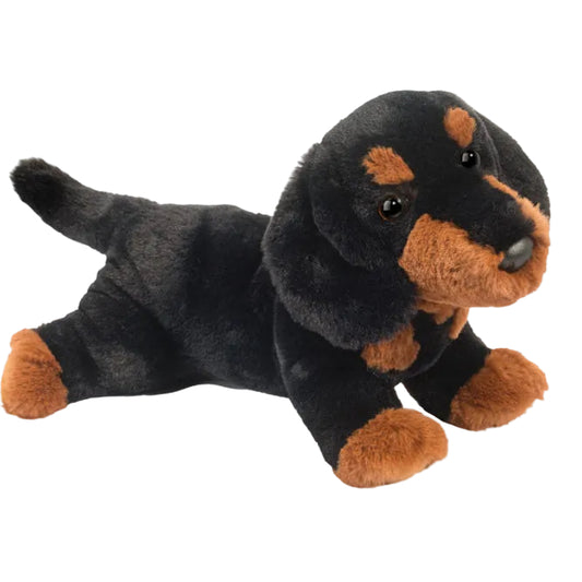 Plush toy dachshund on a white background