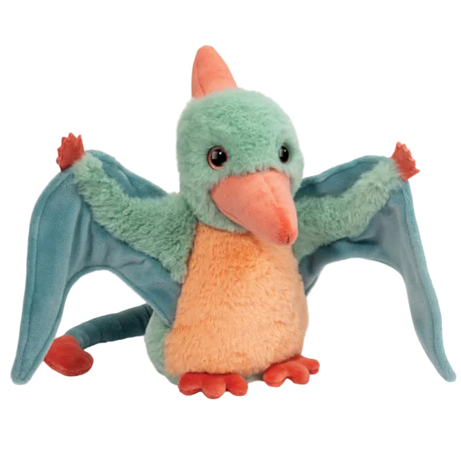 Plush toy dragon with green body, orange wings, and red feet on a white background