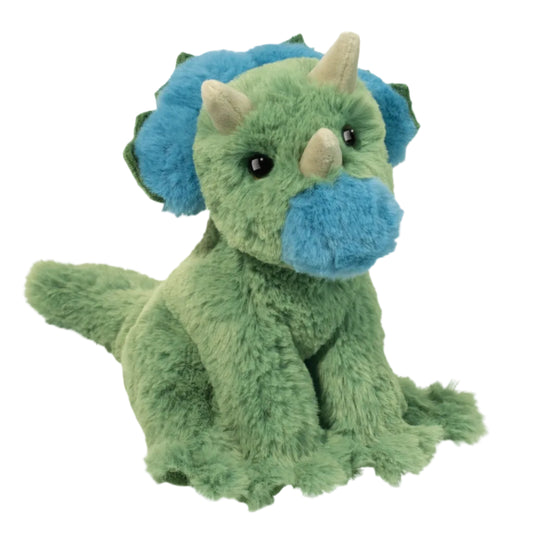 green and blue plush dinosaur on a white background