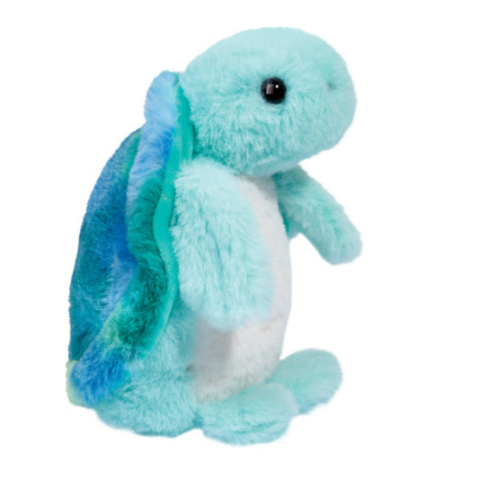 A plush toy resembling a blue and green turtle.