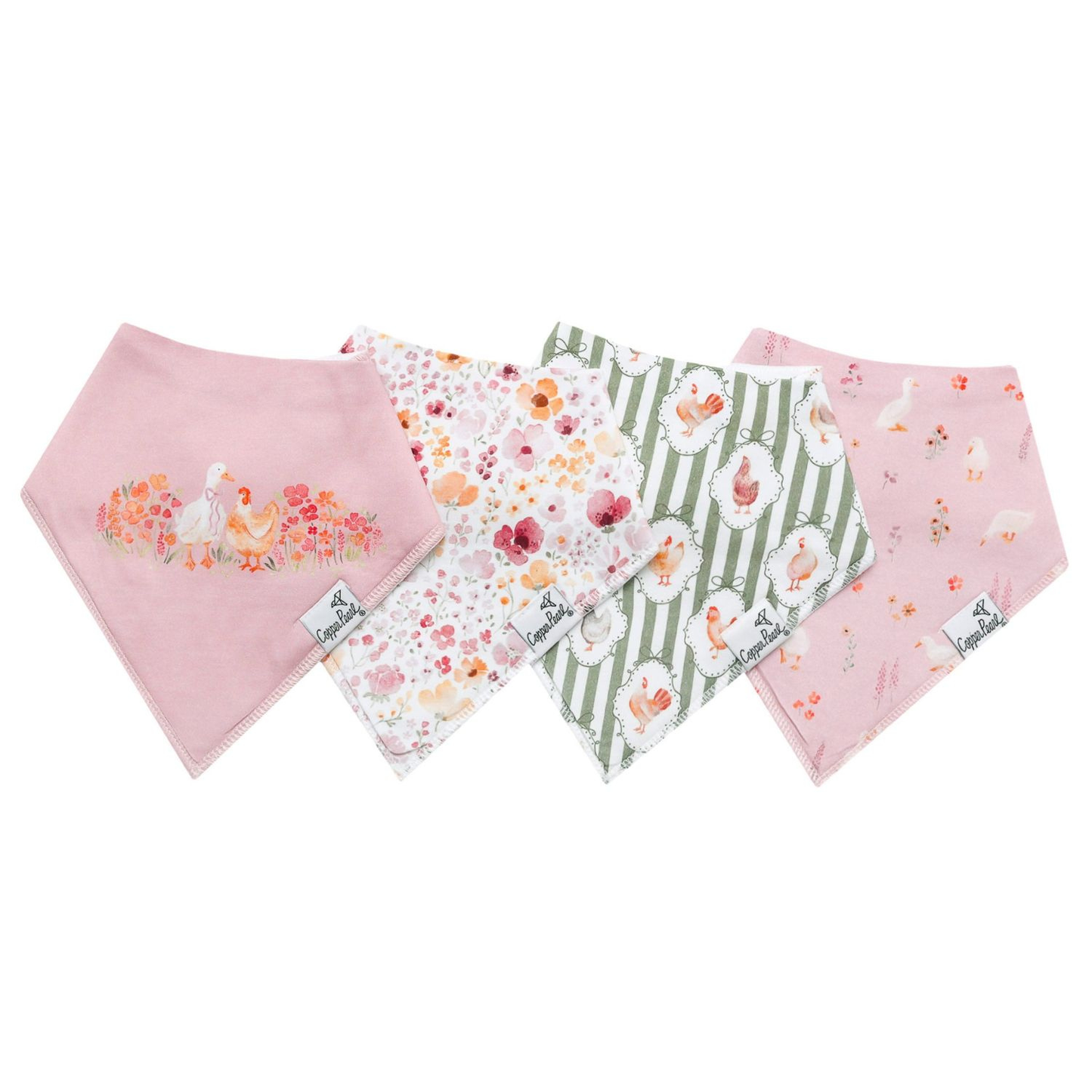 Four baby bandana bibs with floral, duck, and chicken prints