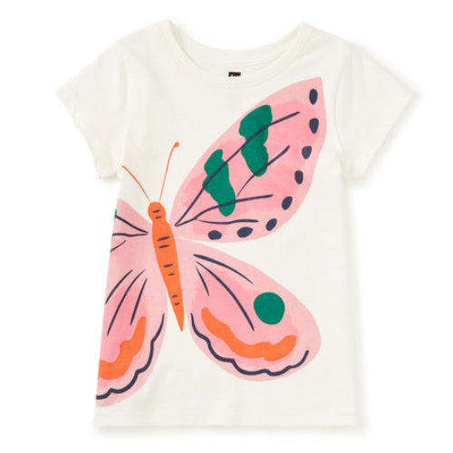 White t-shirt with a pink butterfly design on a white background