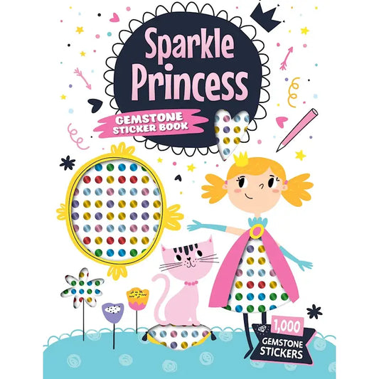 Cover of 'Sparkle Princess Gemstone Sticker Book' with a girl in a cape and cat, surrounded by colorful elements.